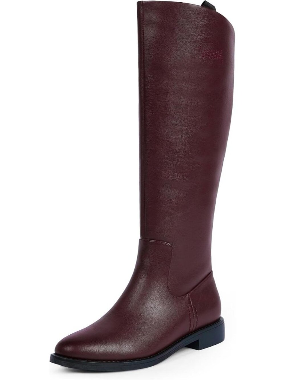 Women's Burgundy Faux Leather Round Toe Flat Retro Opening Low Chunky Heel Boot